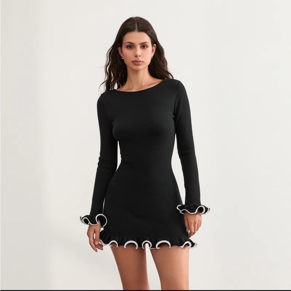 Women's Contrast Binding Flounce Sleeve Bodycon Sweater Dress